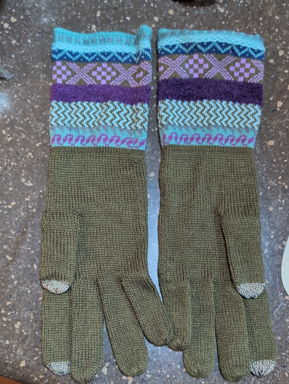 Echo Olive Green Knit Gloves with Turquoise, Purple & Pink Patterned Cuffs